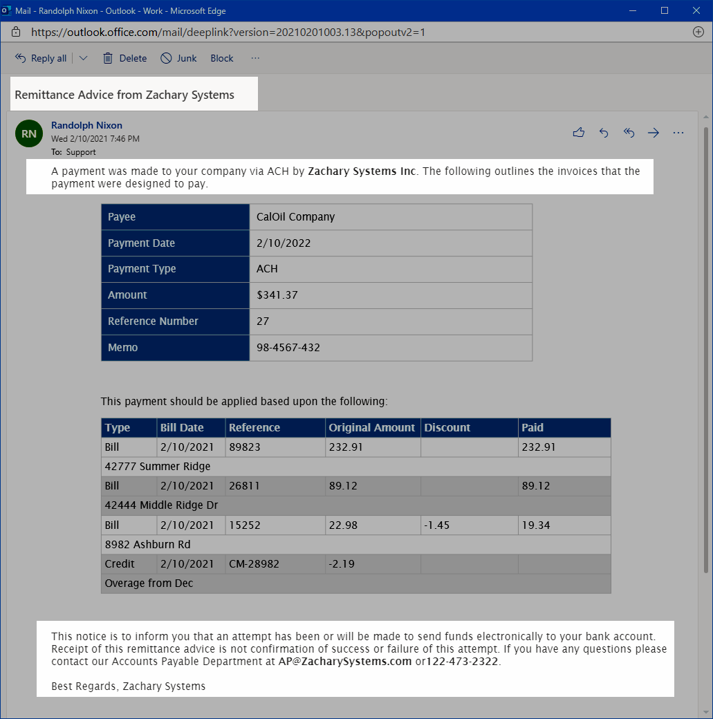 Email Remittance Sample